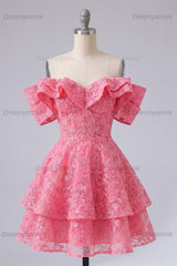 Hot Pink Lace Beaded Ruffled Off The Shoulder A Line Short Homecoming Dress