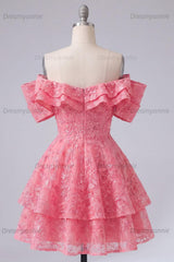 Hot Pink Lace Beaded Ruffled Off The Shoulder A Line Short Homecoming Dress
