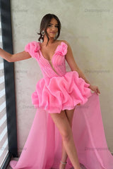Hot Pink One Shoulder A-Line High-Low Organza Homecoming Dress with Ruffles