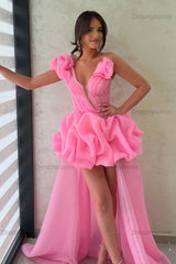 Hot Pink One Shoulder A-Line High-Low Organza Homecoming Dress with Ruffles