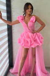 Hot Pink One Shoulder A-Line High-Low Organza Homecoming Dress with Ruffles