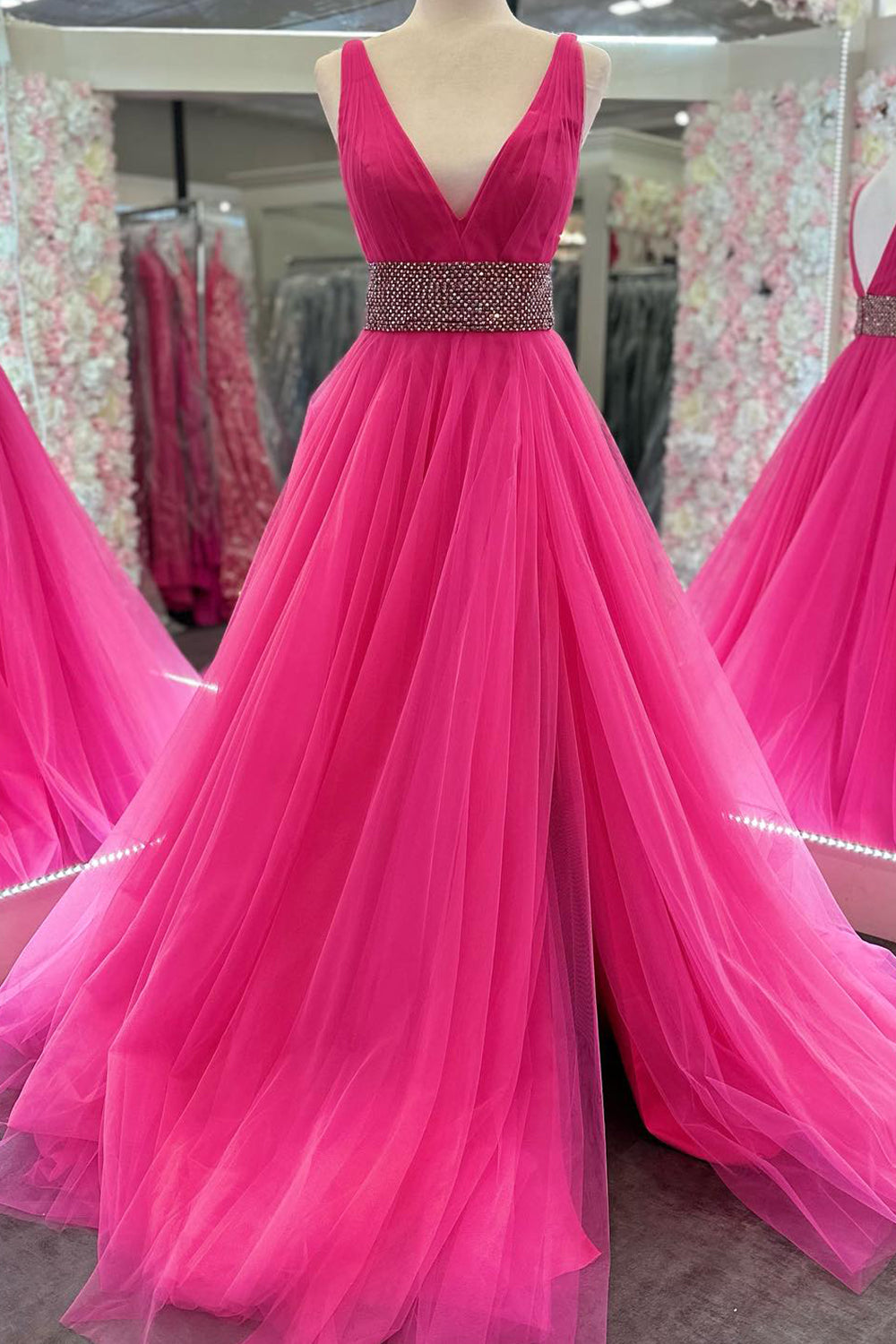Hot Pink Prom Dress A Line Beaded V Neck Backless Long Tulle Evening Dress with Slit