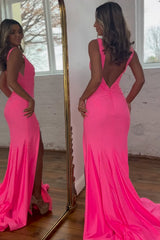 Hot Pink Prom Dress Beaded Mermaid Long Evening Dress with Slit