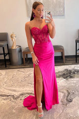 Hot Pink Prom Dress Corset Long Evening Dress with Slit