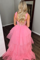 Hot Pink Prom Dress Corset Ruffled Floral Formal Dress With Slit