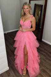 Hot Pink Prom Dress Corset Ruffled Floral Formal Dress With Slit
