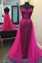 Hot Pink Prom Dress Detachable Train Sequined Long Evening Dress
