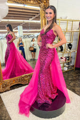 Hot Pink Prom Dress Detachable Train Sequined Long Evening Dress