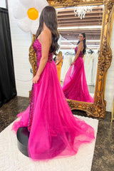 Hot Pink Prom Dress Detachable Train Sequined Long Evening Dress