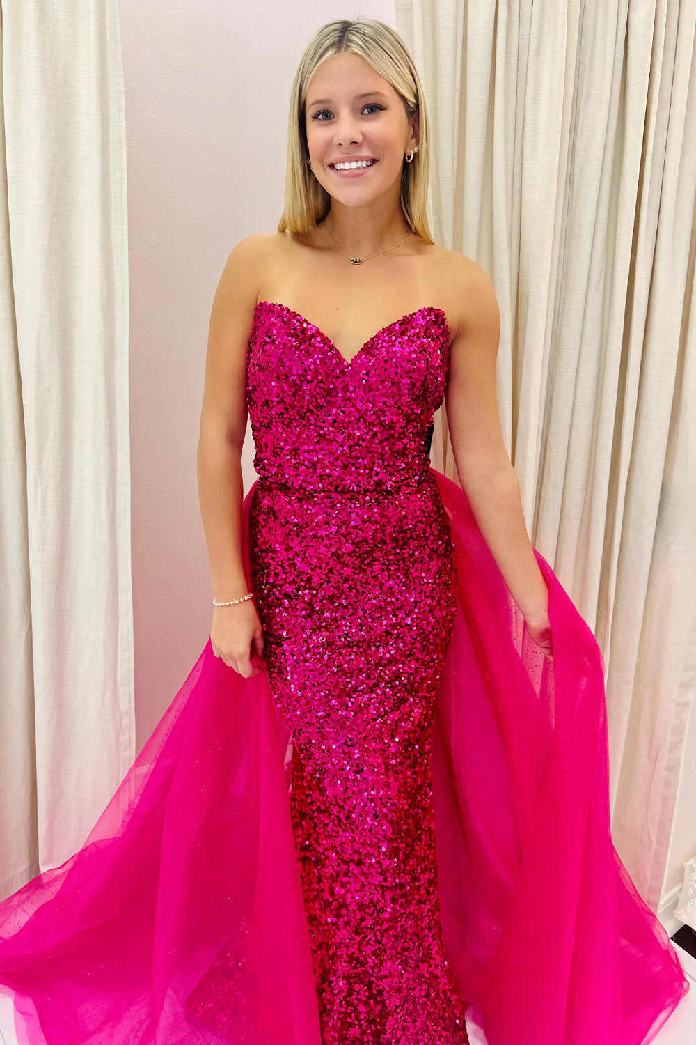 Hot Pink Prom Dress Detachable Train Sequined Long Evening Dress