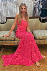 Hot Pink Prom Dress Lace Up Back Sequins Evening Dress