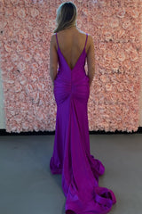 Hot Pink Prom Dress Mermaid Backless Satin Long Formal Dress