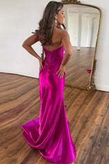Hot Pink Prom Dress Mermaid Corset Long Satin Evening Dress with Slit