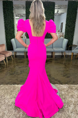 Hot Pink Prom Dress Mermaid Deep V Neck Long Evening Dress with Slit