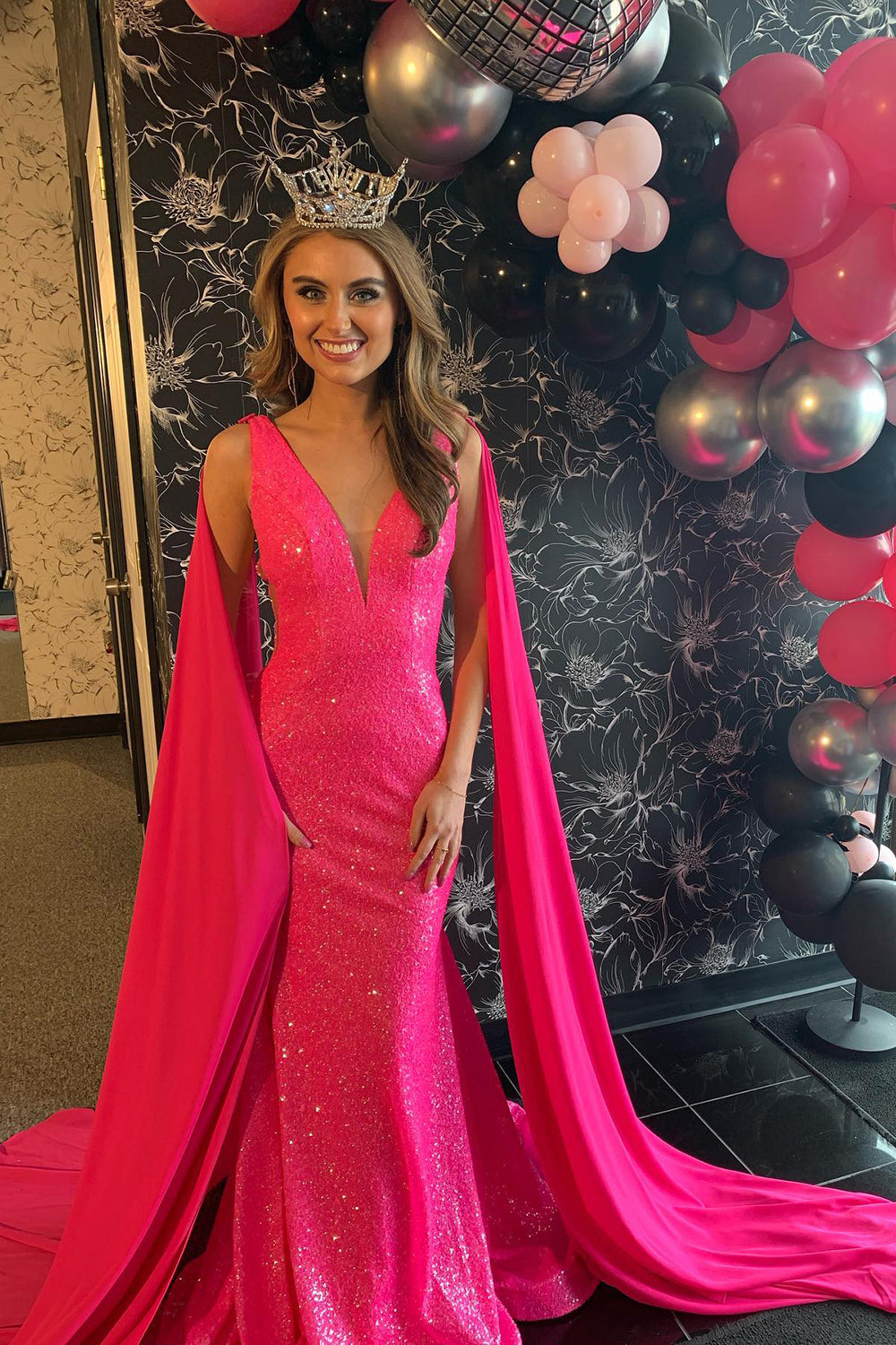 Hot Pink Prom Dress Mermaid Evening Dress with Long Ribbon