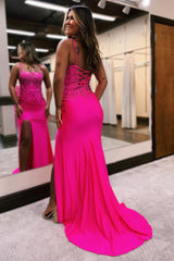 Hot Pink Prom Dress Mermaid Long Beaded Evening Dress with Slit