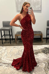 Hot Pink Prom Dress Mermaid Sequined Long Evening Dress