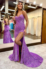 Hot Pink Prom Dress Mermaid Sequined Long Evening Dress with Slit
