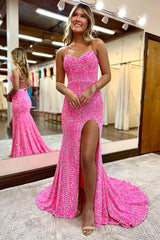 Hot Pink Prom Dress Mermaid Sequined Long Evening Dress with Slit