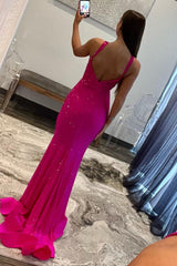 Hot Pink Prom Dress Mermaid Spaghetti Straps Keyhole Long Beaded Backless Evening Dress