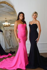 Hot Pink Prom Dress Mermaid Strapless Corset Satin Long Evening Dress