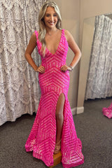 Hot Pink Prom Dress Mermaid V-Neck Long Formal Dress With Slit