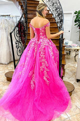 Hot Pink Prom Dress Off The Shoulder A-Line Long Formal Dress With Lace