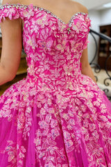 Hot Pink Prom Dress Off The Shoulder A-Line Long Formal Dress With Lace