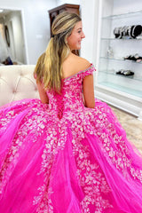 Hot Pink Prom Dress Off The Shoulder A-Line Long Formal Dress With Lace
