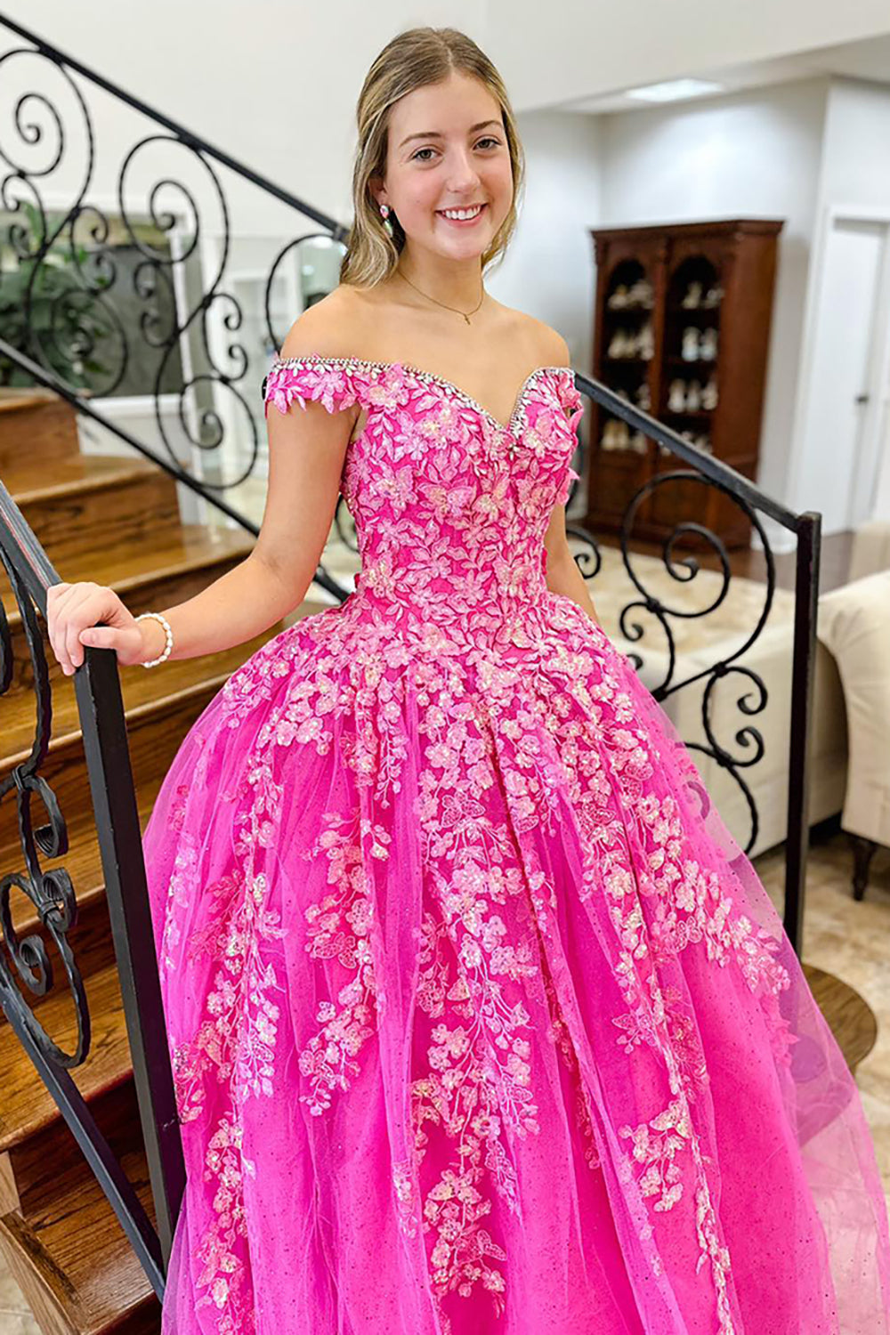 Hot Pink Prom Dress Off The Shoulder A-Line Long Formal Dress With Lace