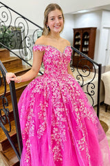 Hot Pink Prom Dress Off The Shoulder A-Line Long Formal Dress With Lace