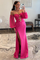 Hot Pink Prom Dress Off The Shoulder Detachale Sleeves Cut Out Evening Dress