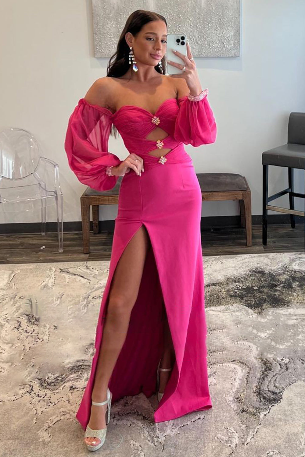 Hot Pink Prom Dress Off The Shoulder Detachale Sleeves Cut Out Evening Dress