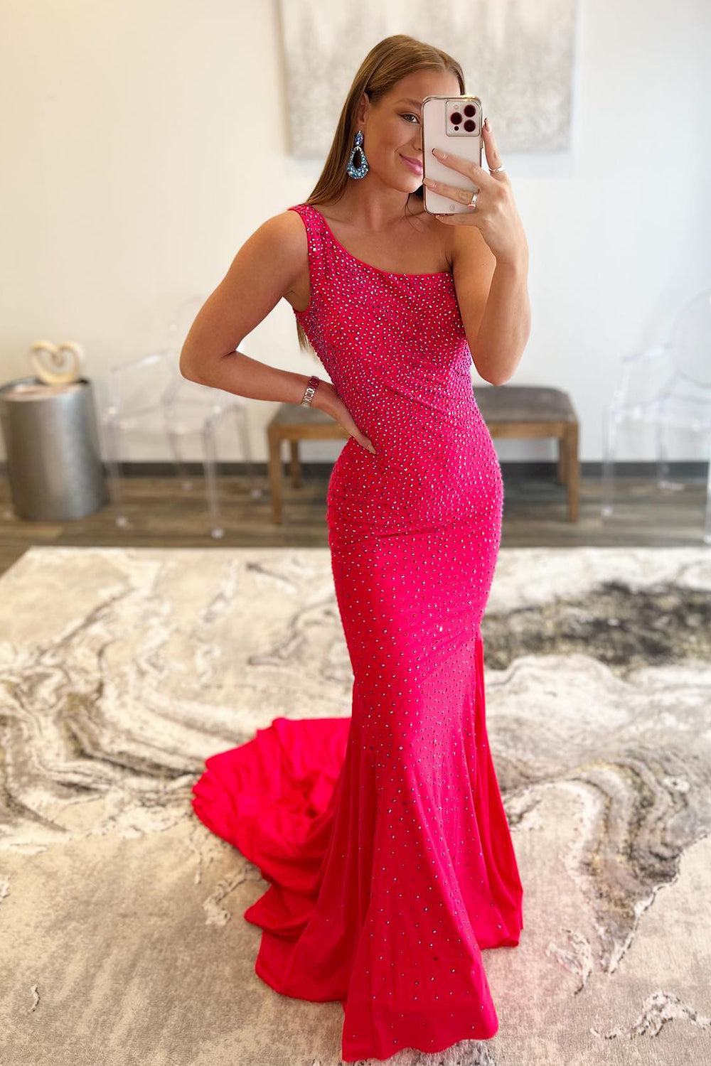 Hot Pink Prom Dress One Shoulder Mermaid Evening Dress