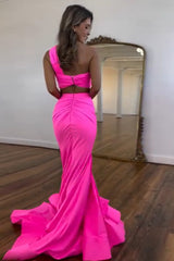 Hot Pink Prom Dress One Shoulder Two Piece Satin Long Evening Dress
