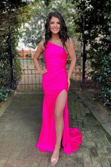 Hot Pink Prom Dress Ruched One Shoulder Sheath Long Evening Dress with Slit