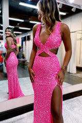 Hot Pink Prom Dress Sequins Hollow Out Mermaid Evening Dress