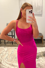 Hot Pink Prom Dress Spaghetti Straps Evening Dress