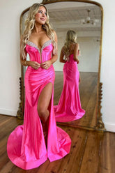 Hot Pink Prom Dress Spaghetti Straps Mermaid Corset Evening Dress with Slit