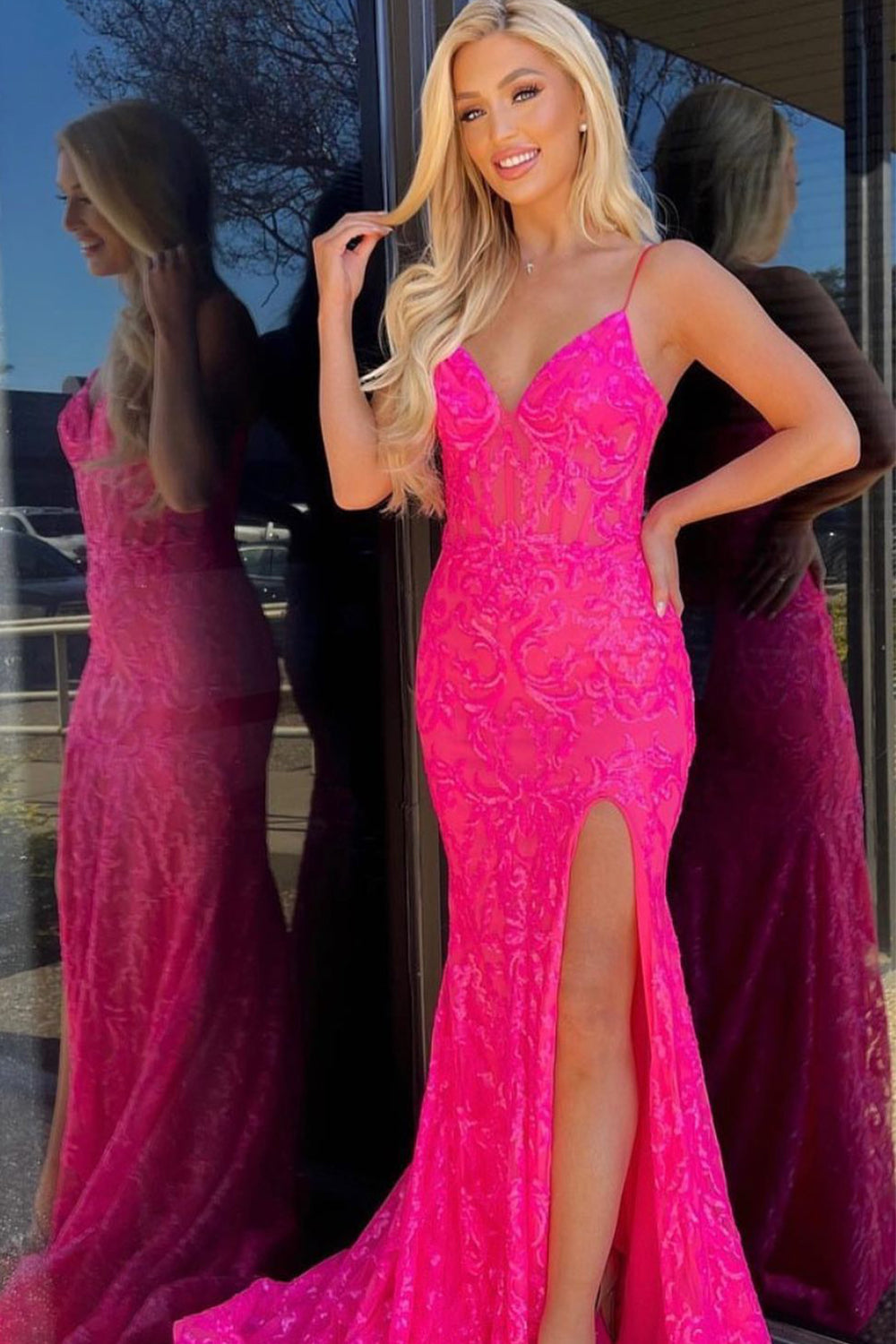 Hot Pink Prom Dress Spaghetti Straps Mermaid Evening Dress