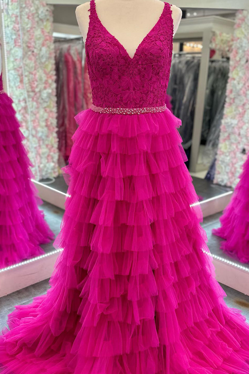 Hot Pink Prom Dress Tiered A Line V Neck Long Beaded Tiered Evening Dress with Lace