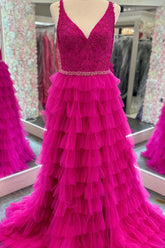 Hot Pink Prom Dress Tiered A Line V Neck Long Beaded Tiered Evening Dress with Lace