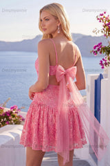 Hot Pink Short Lace Sequin Spaghetti Straps A Line Homecoming Dress with Bow