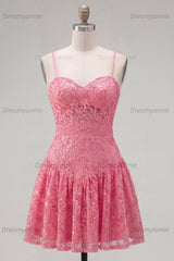 Hot Pink Short Lace Sequin Spaghetti Straps A Line Homecoming Dress with Bow