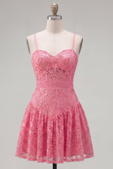 Hot Pink Short Lace Sequin Spaghetti Straps A Line Homecoming Dress with Bow