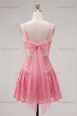Hot Pink Short Lace Sequin Spaghetti Straps A Line Homecoming Dress with Bow