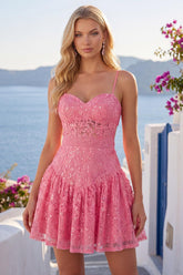 Hot Pink Short Lace Sequin Spaghetti Straps A Line Homecoming Dress with Bow