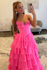 Hot Pink Sweetheart A-Line Prom Gown With Tiered Ruffles And Corset Bodice Formal Evening Gown