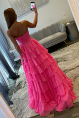 Hot Pink Sweetheart A-Line Prom Gown With Tiered Ruffles And Corset Bodice Formal Evening Gown