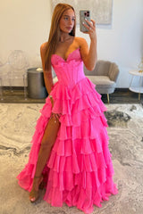 Hot Pink Sweetheart A-Line Prom Gown With Tiered Ruffles And Corset Bodice Formal Evening Gown